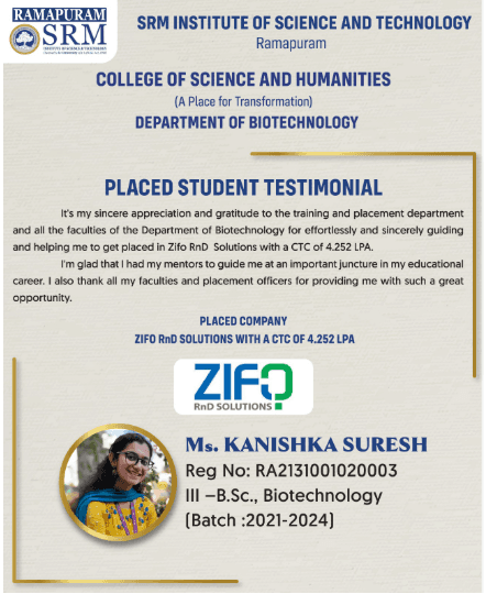 Ms. Kanishka Suresh, Biotechnology alumna placed at ZiFo RnD Solutions