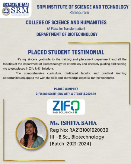 Ms. Ishita Saha, Biotechnology alumna placed at ZiFo RnD Solutions