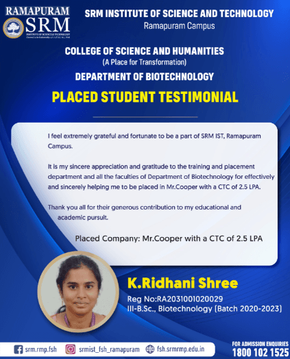K. Ridhani Shree, Biotechnology alumna placed at Mr. Cooper