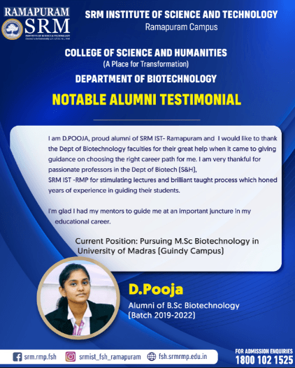 D. Pooja, Biotechnology alumna pursuing M.Sc. Biotechnology at the University of Madras