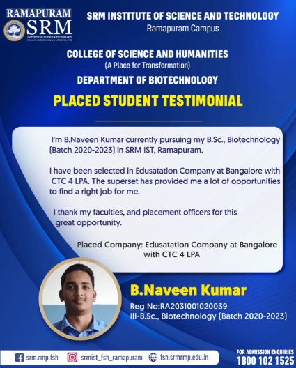 B. Naveen Kumar, Biotechnology alumnus placed at Edustation Bangalore