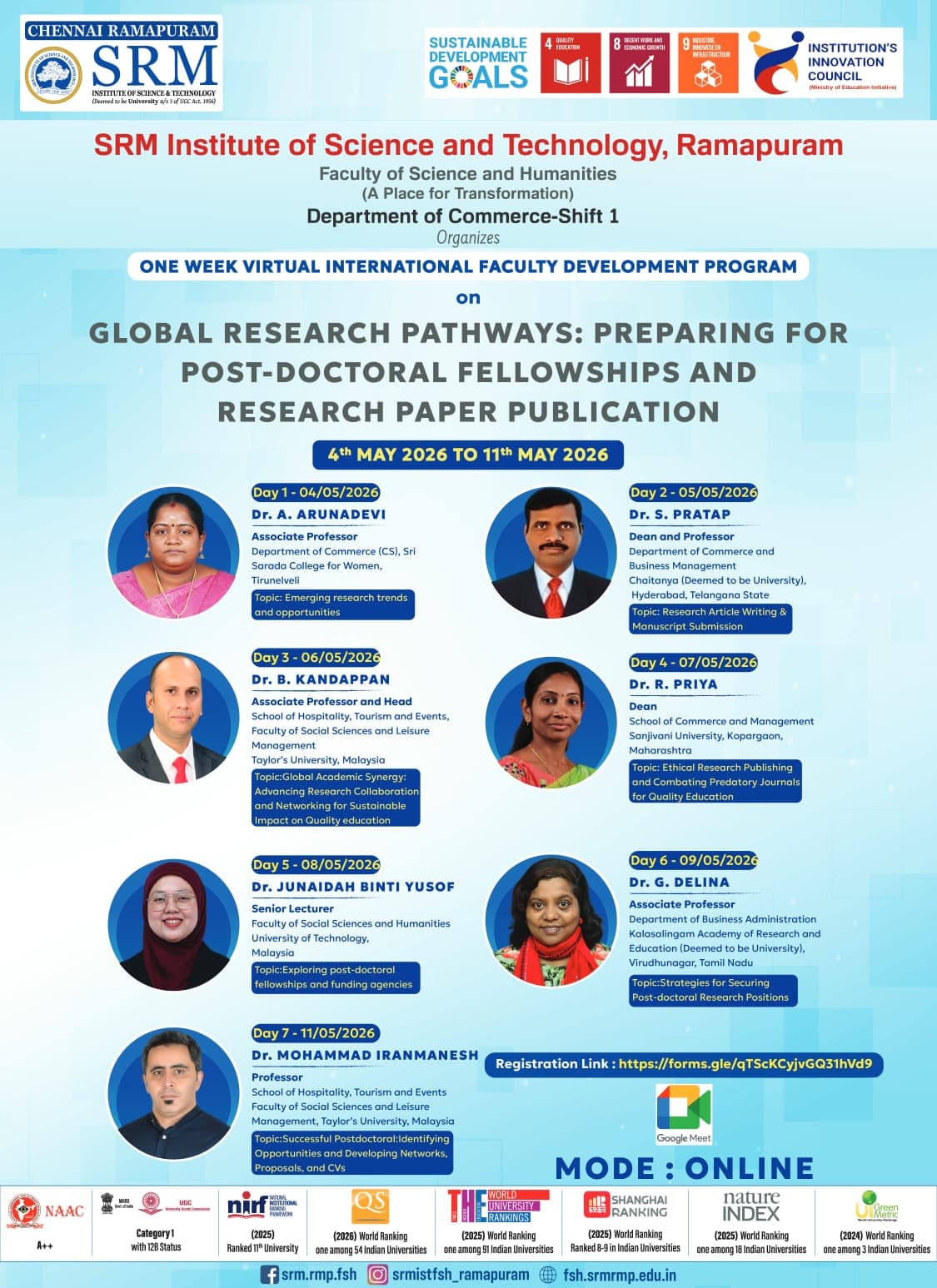 One Week Virtual International Faculty Development Program on “Global Research Pathways: Preparing for Post-Doctoral Fellowships and Research Paper Publication